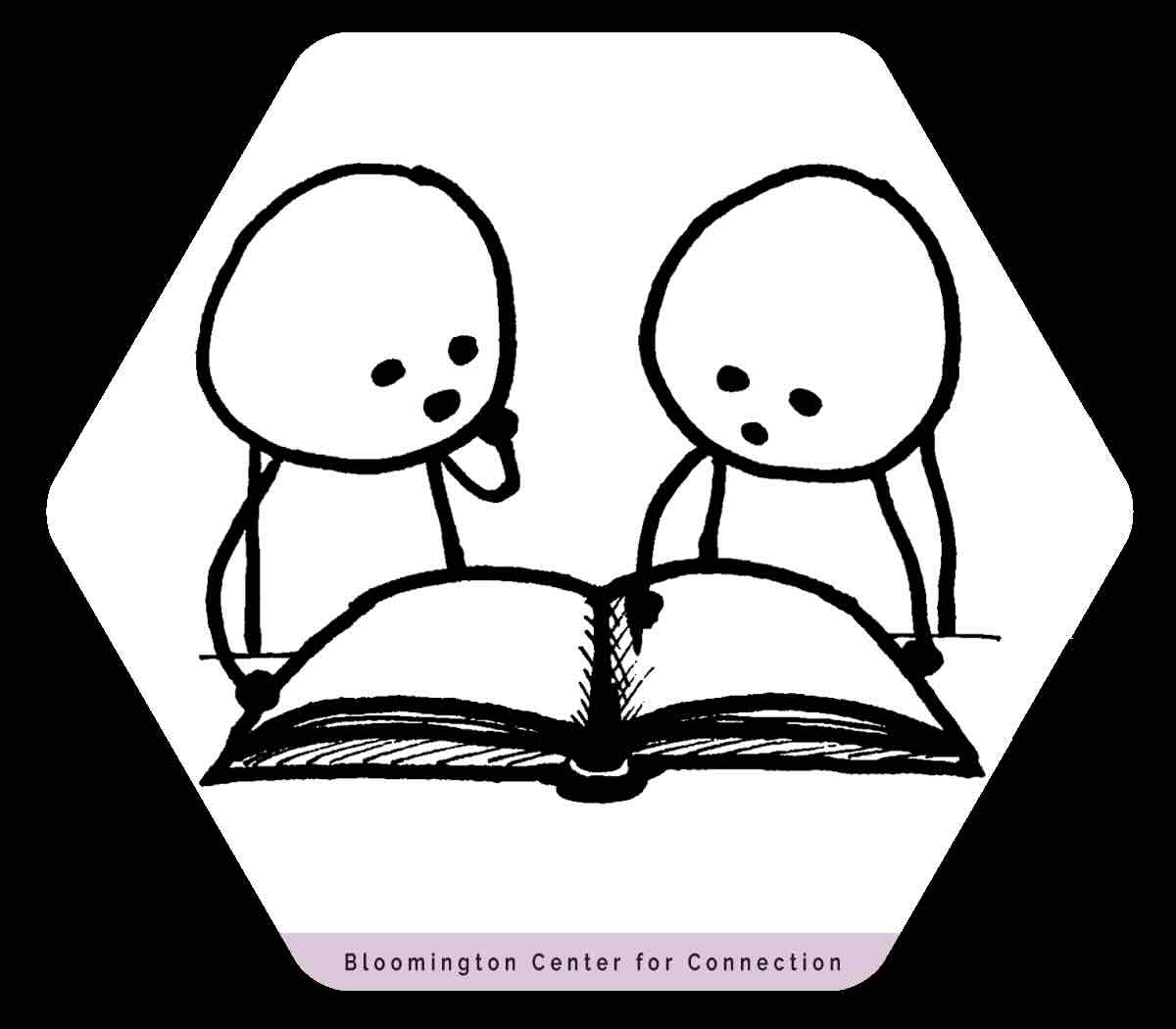 Black and white drawing of two stick figures reading a book