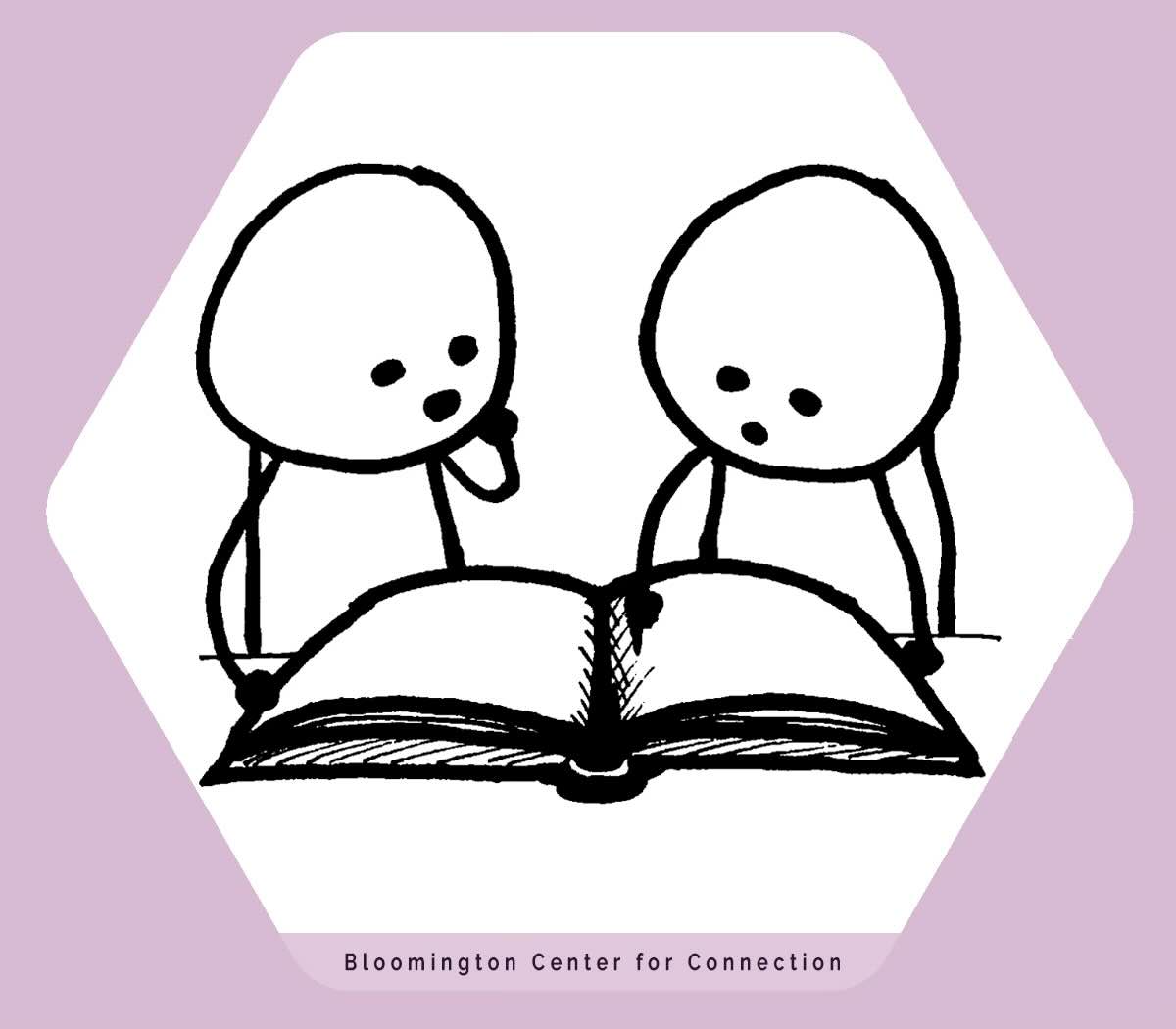 Black and white drawing of two stick figures training in relational cultural therapy by reading a book together