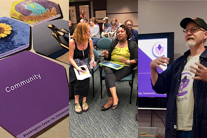 Compilation of three pictures showing RCT toybox cards, a conversation between two women at a past Relational Summit, and a man speaking in front of a TV with a slide deck