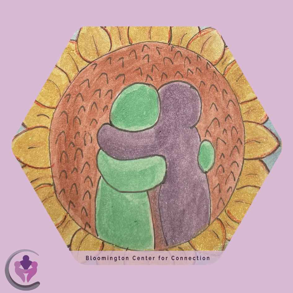 A drawing of two beings hugging in front of a giant sunflower